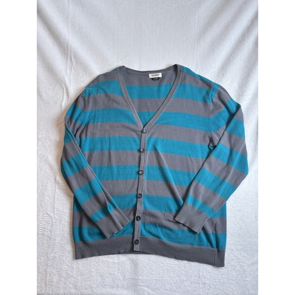 VTG Y2K Anchor Blue Striped Grey Blue Long Sleeve Cardigan Men's X-Large * - Picture 1 of 6